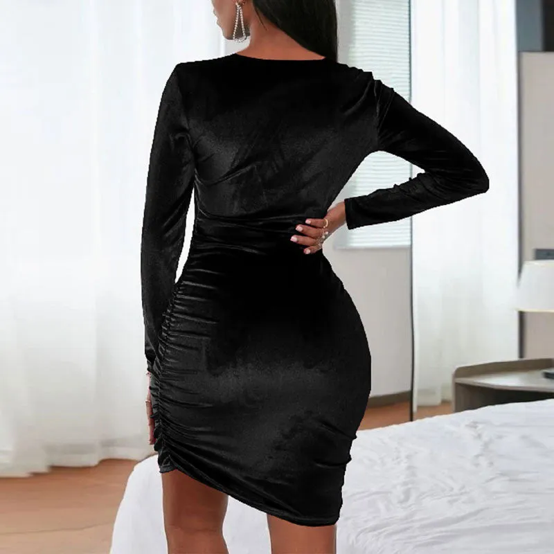 Velvet Long Sleeve Hollow Out Bodycon Dress