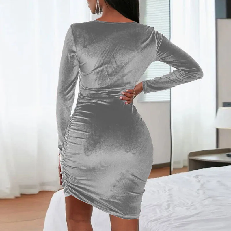 Velvet Long Sleeve Hollow Out Bodycon Dress