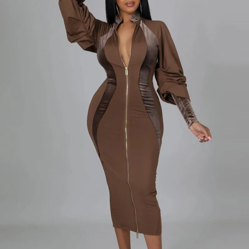 Velvet Patchwork Long Sleeve Zipper Design Midi Dress