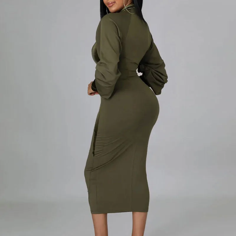 Velvet Patchwork Long Sleeve Zipper Design Midi Dress