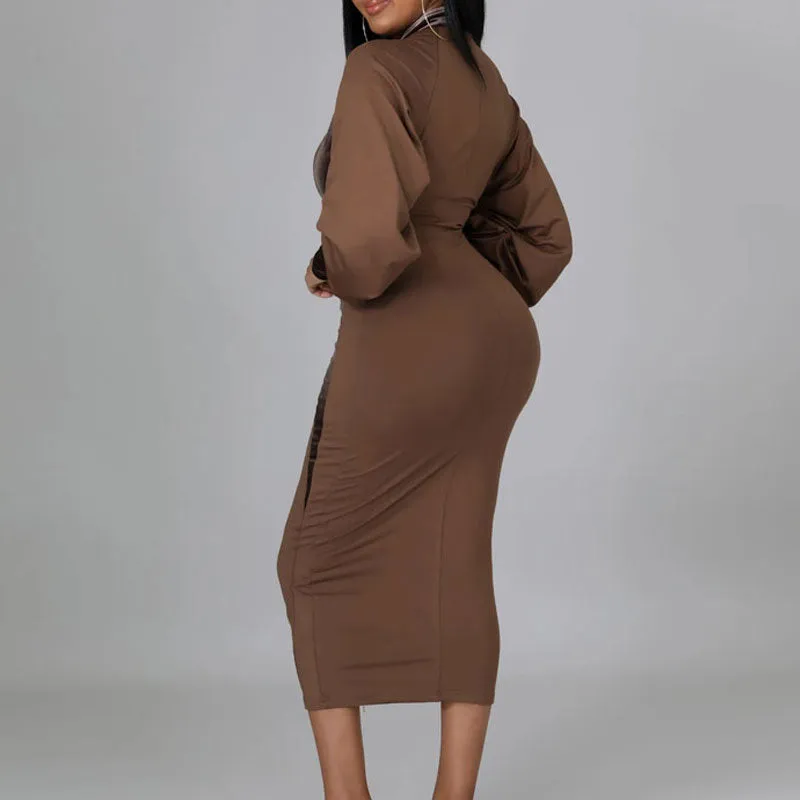 Velvet Patchwork Long Sleeve Zipper Design Midi Dress