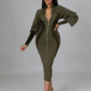 Velvet Patchwork Long Sleeve Zipper Design Midi Dress