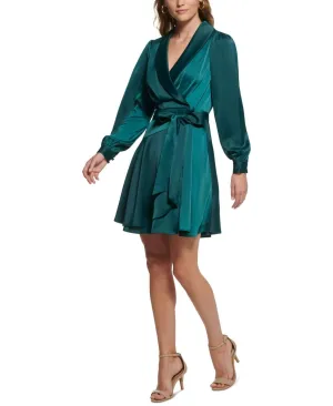 Vince Camuto Satin Shawl-Collar Fit & Flare Dress VC2M3970 Hunter Green 16