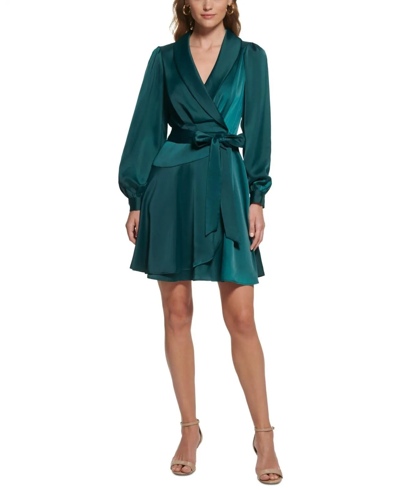 Vince Camuto Satin Shawl-Collar Fit & Flare Dress VC2M3970 Hunter Green 16
