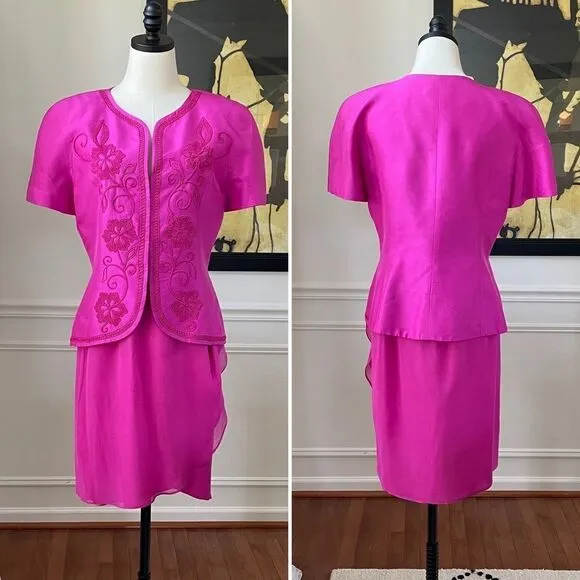 Vintage Constance Saunders Silk Jacket Wrap Skirt Raspberry 10