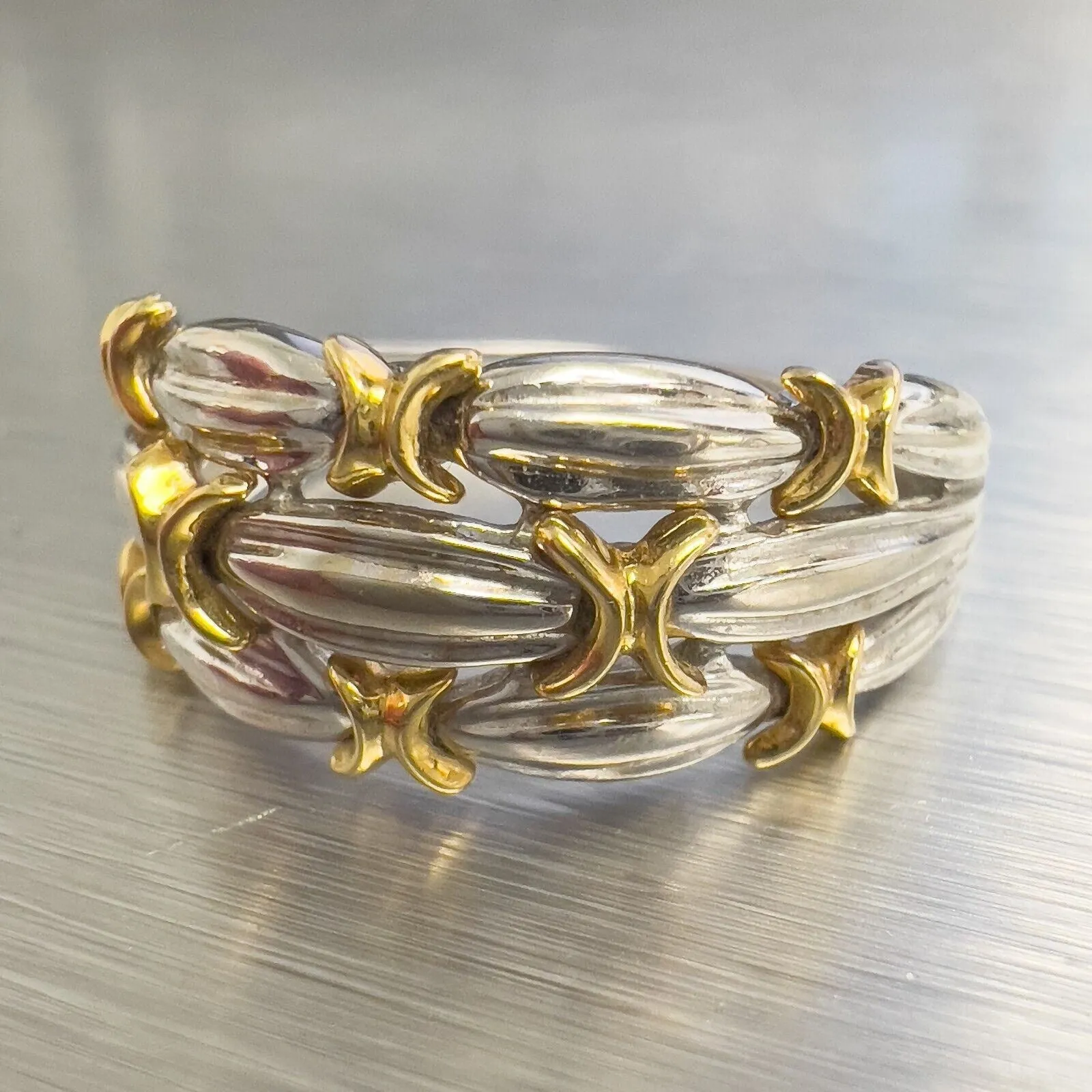 Vintage Platinum & 18k Yellow Gold 0.10ctw 3 Row X Ribbon Band Ring Size 10.25