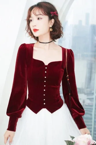 Vintage Square Collar Velvet Top with Lantern Sleeves Blouse