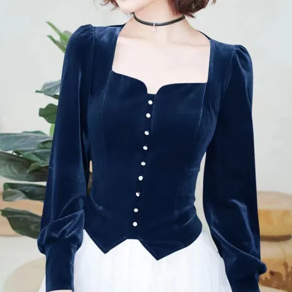Vintage Square Collar Velvet Top with Lantern Sleeves Blouse