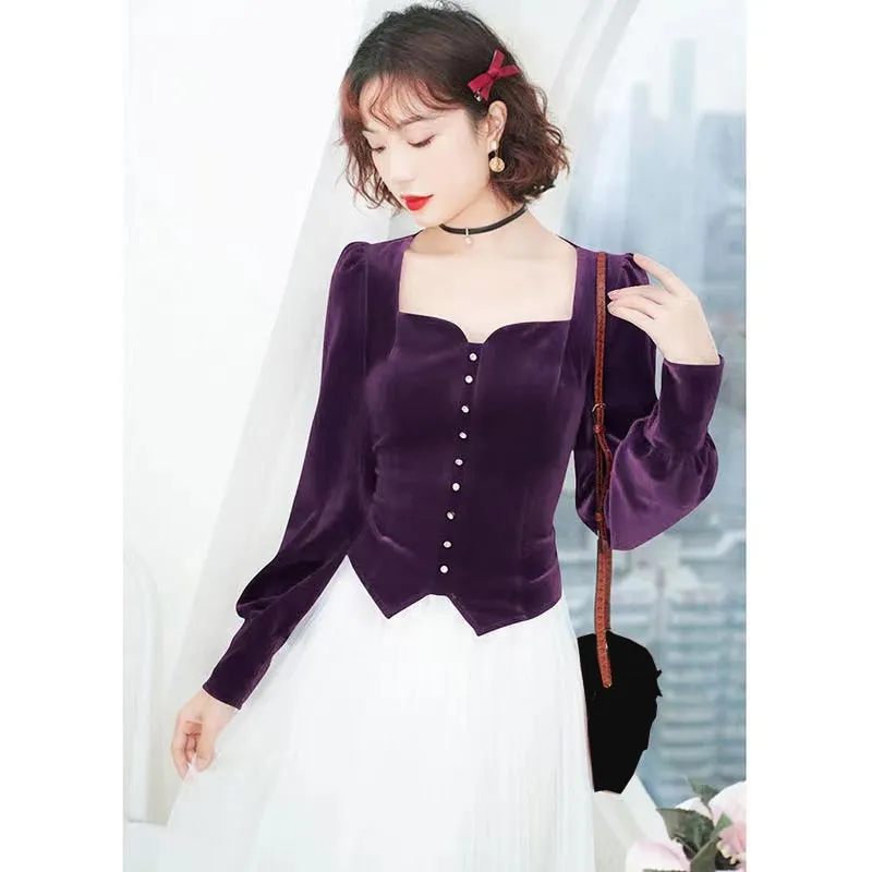 Vintage Square Collar Velvet Top with Lantern Sleeves Blouse