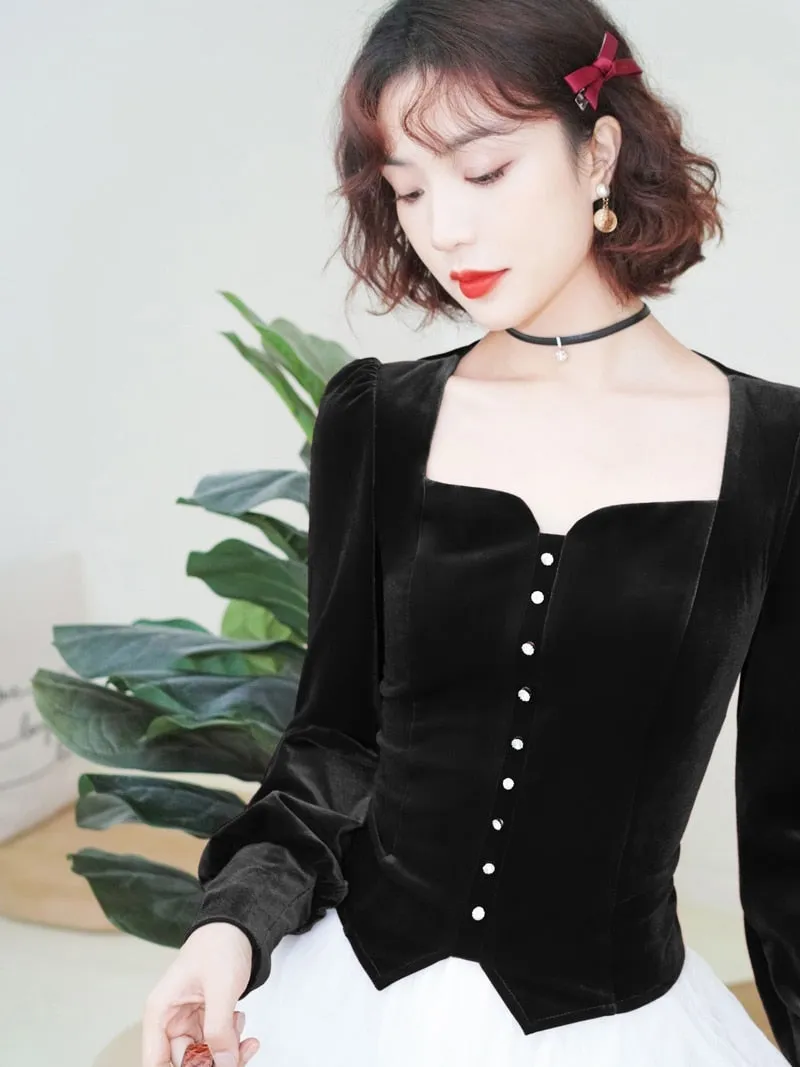 Vintage Square Collar Velvet Top with Lantern Sleeves Blouse