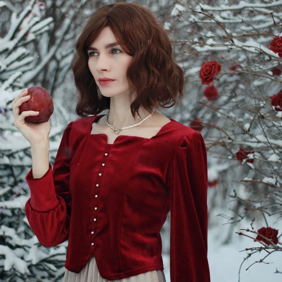 Vintage Square Collar Velvet Top with Lantern Sleeves Blouse