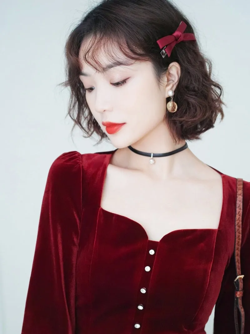 Vintage Square Collar Velvet Top with Lantern Sleeves Blouse