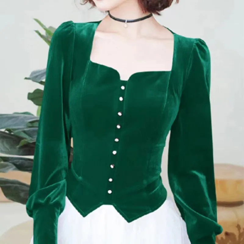 Vintage Square Collar Velvet Top with Lantern Sleeves Blouse