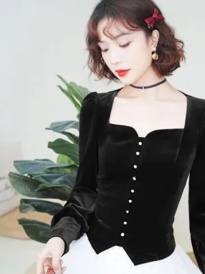Vintage Square Collar Velvet Top with Lantern Sleeves Blouse