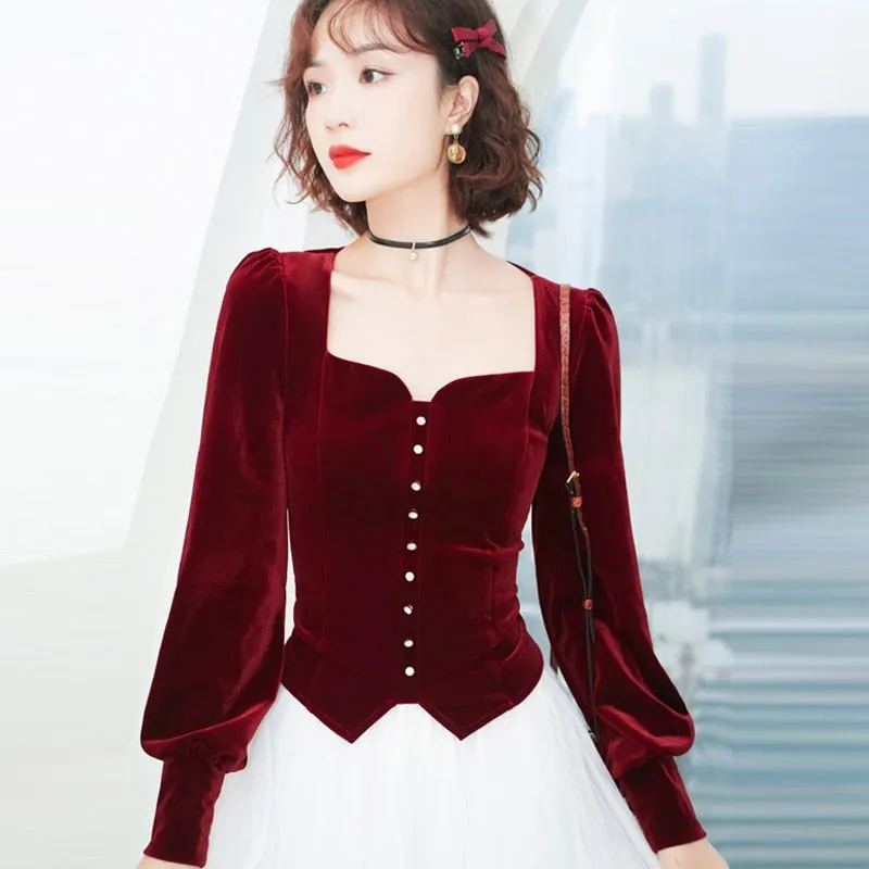 Vintage Square Collar Velvet Top with Lantern Sleeves Blouse