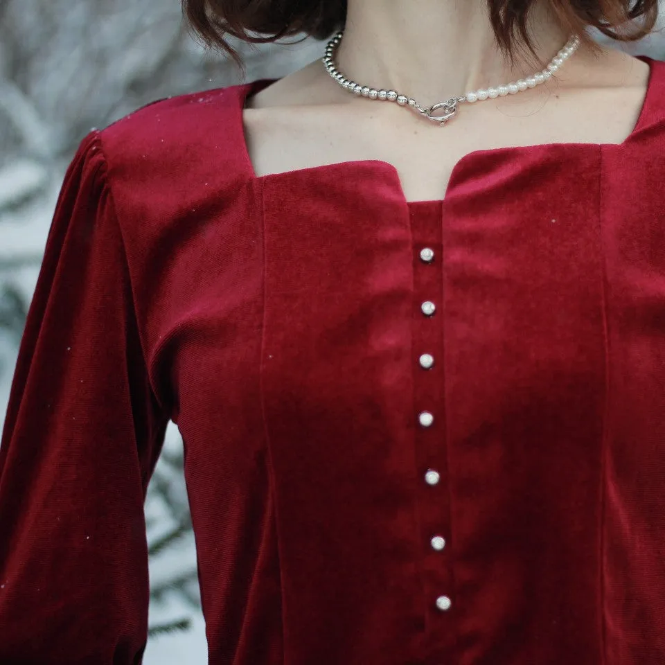 Vintage Square Collar Velvet Top with Lantern Sleeves Blouse