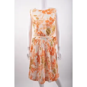 Vintage 60s Harry S. Epstein Womens Accordion Skirt Set S Orange Floral Crop Top