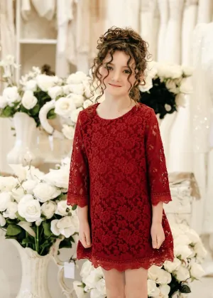 Violet Lace Boho Girl Dress in Wine Red