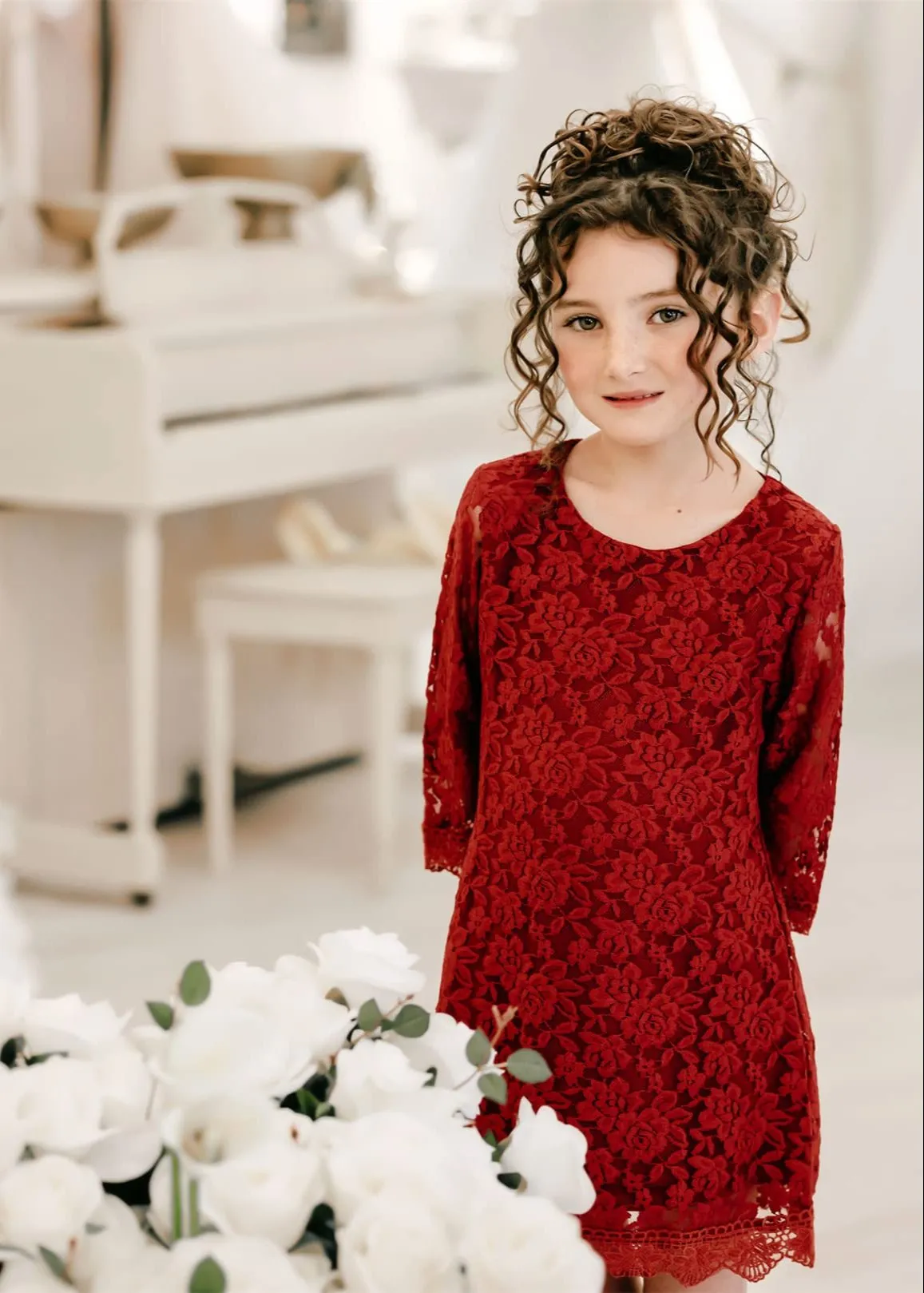 Violet Lace Boho Girl Dress in Wine Red