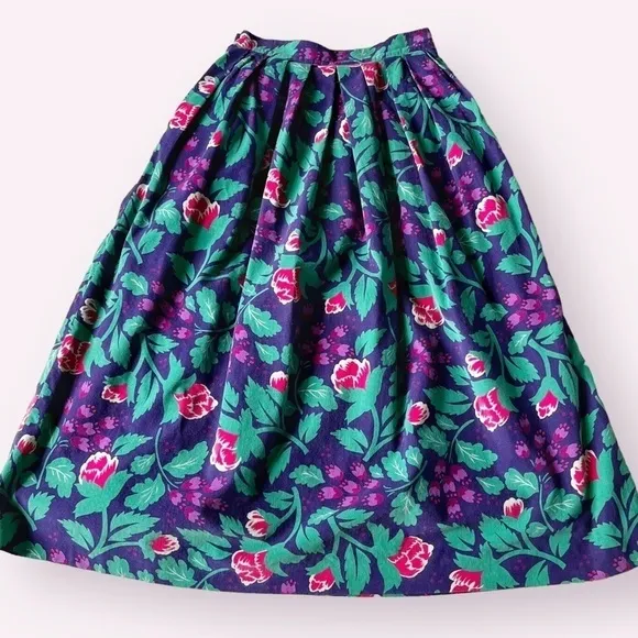 Vtg 80s David Brooks Midi Aline Pleated Skirt Dark Florals Purple Micro Cord 2