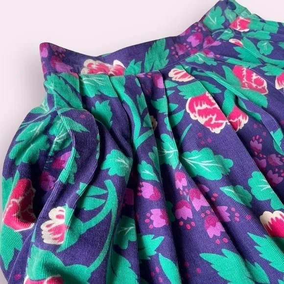 Vtg 80s David Brooks Midi Aline Pleated Skirt Dark Florals Purple Micro Cord 2