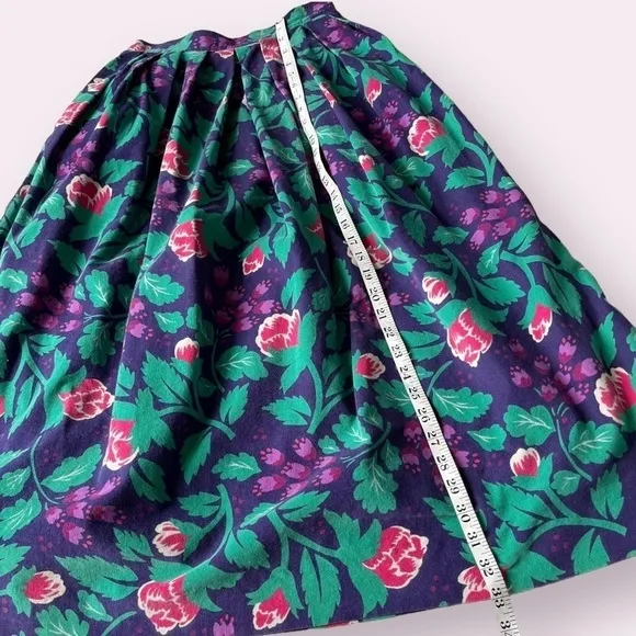 Vtg 80s David Brooks Midi Aline Pleated Skirt Dark Florals Purple Micro Cord 2