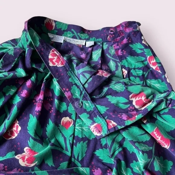 Vtg 80s David Brooks Midi Aline Pleated Skirt Dark Florals Purple Micro Cord 2