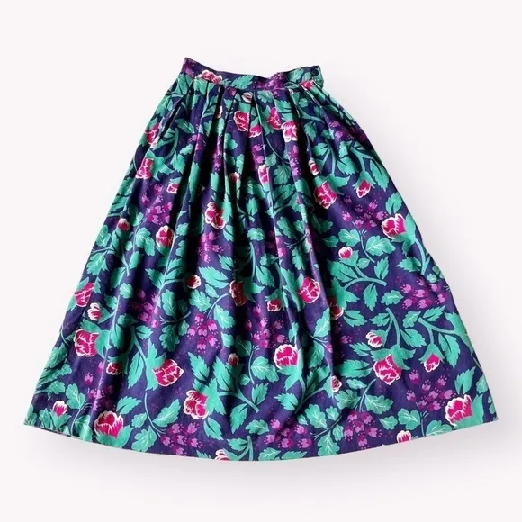 Vtg 80s David Brooks Midi Aline Pleated Skirt Dark Florals Purple Micro Cord 2