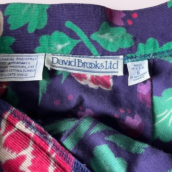 Vtg 80s David Brooks Midi Aline Pleated Skirt Dark Florals Purple Micro Cord 2