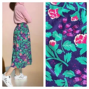 Vtg 80s David Brooks Midi Aline Pleated Skirt Dark Florals Purple Micro Cord 2