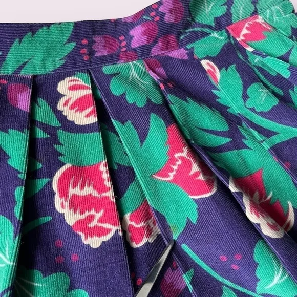 Vtg 80s David Brooks Midi Aline Pleated Skirt Dark Florals Purple Micro Cord 2