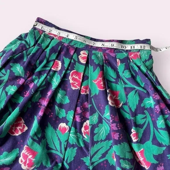 Vtg 80s David Brooks Midi Aline Pleated Skirt Dark Florals Purple Micro Cord 2