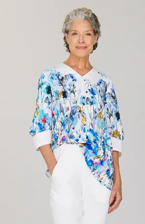 Watercolor Floral V Neck Elbow Slit Top