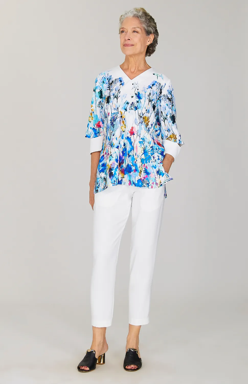 Watercolor Floral V Neck Elbow Slit Top