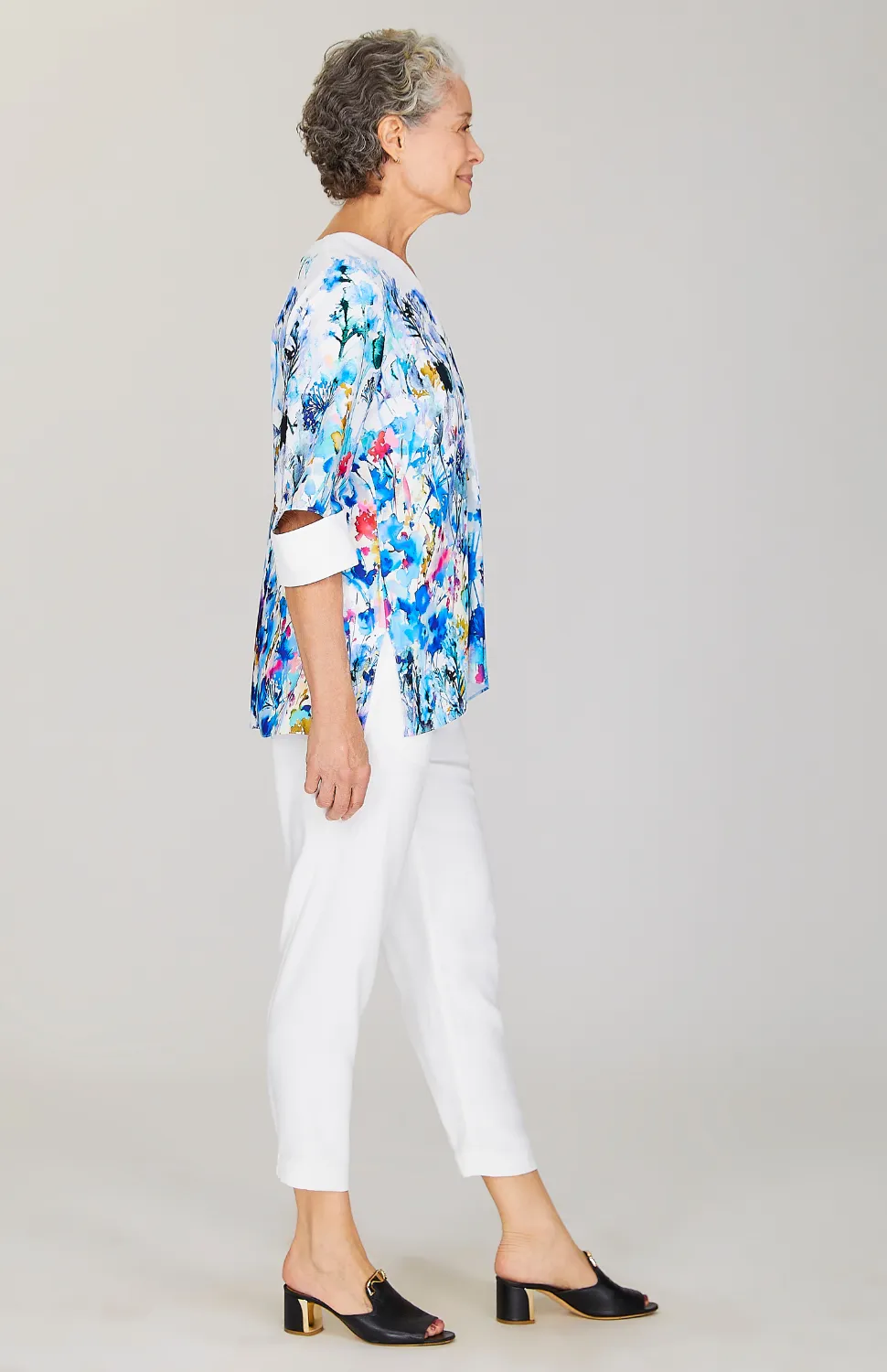 Watercolor Floral V Neck Elbow Slit Top