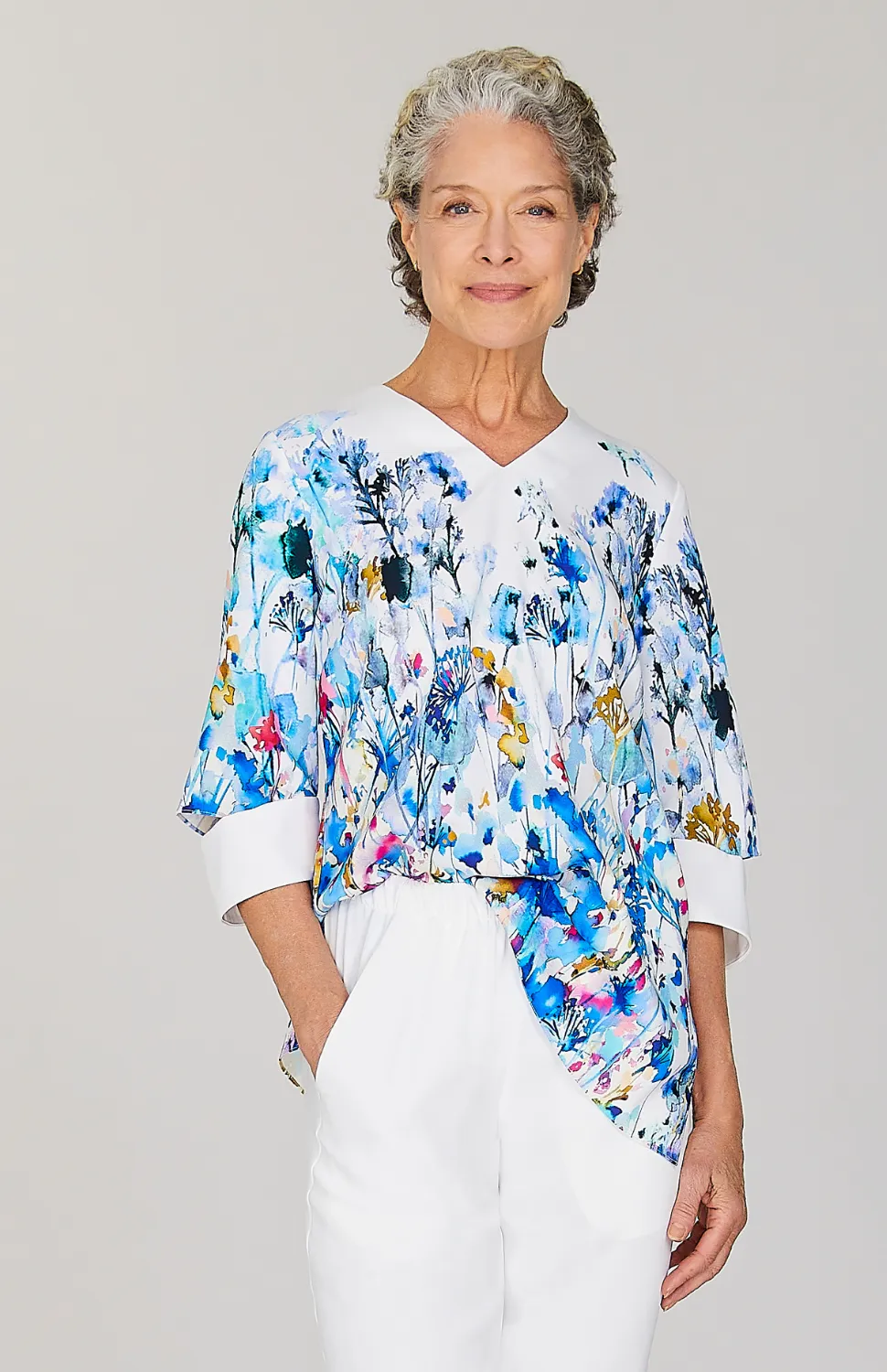 Watercolor Floral V Neck Elbow Slit Top