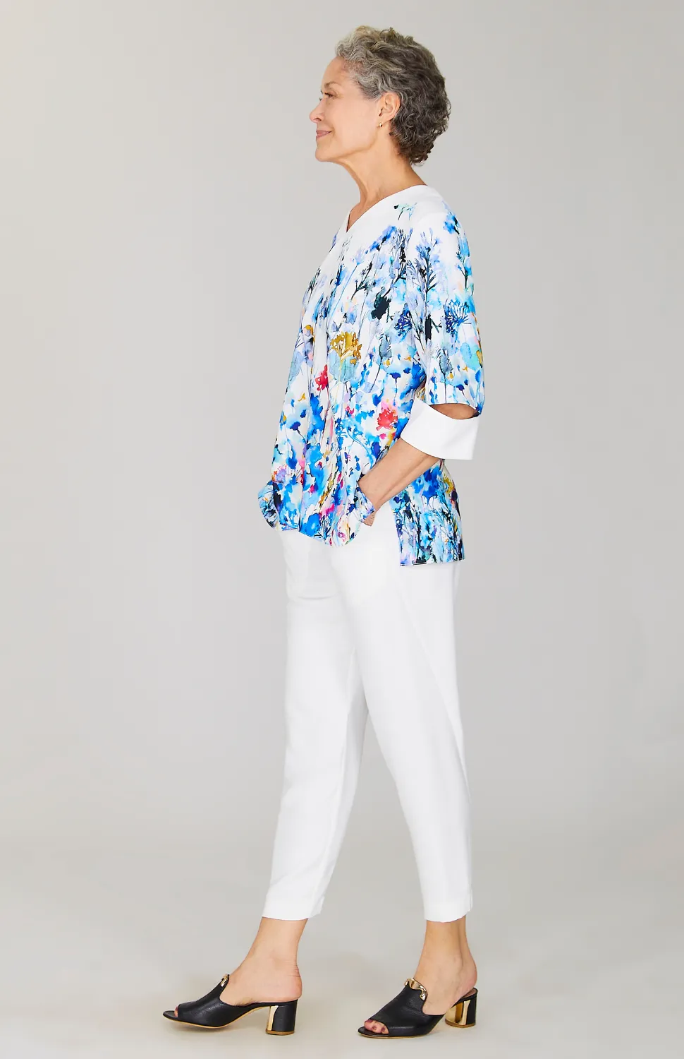 Watercolor Floral V Neck Elbow Slit Top