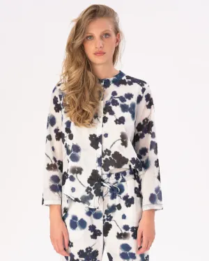Watercolor Small Floral Band Collar Buttoned Blouse