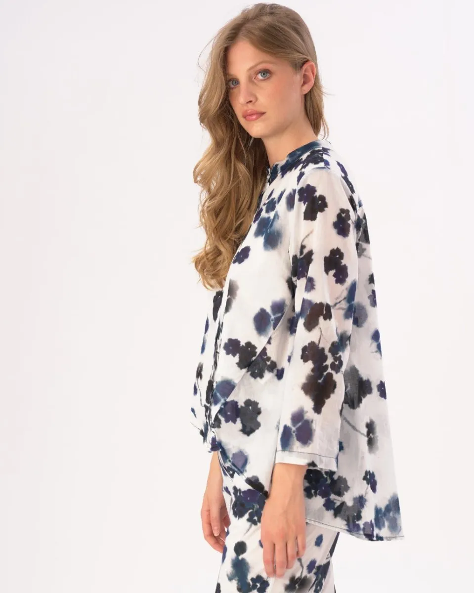 Watercolor Small Floral Band Collar Buttoned Blouse
