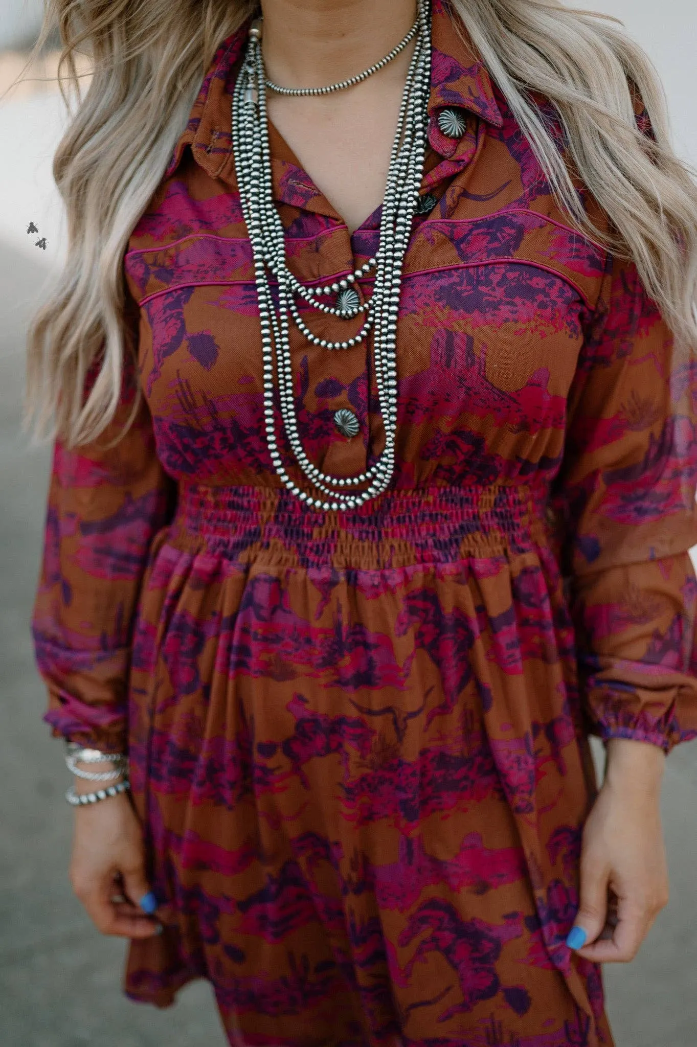 Western print long sleeve dress
