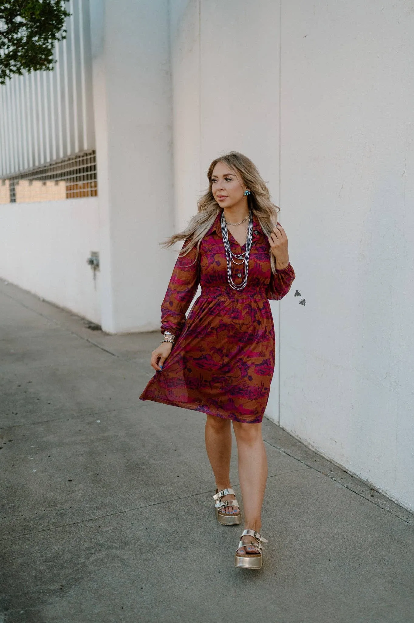 Western print long sleeve dress