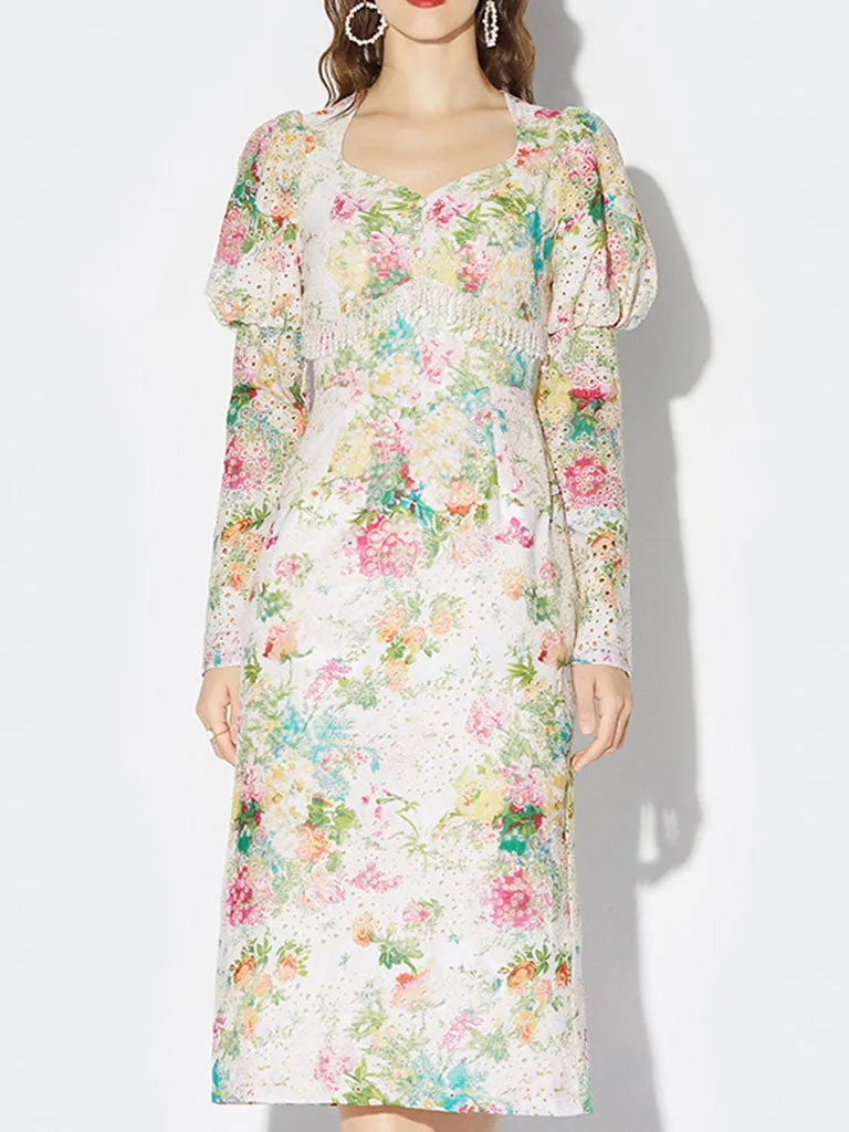 White 1960S Vintage Floral Printed Pearl Puff Sleeve Bodycon Dress