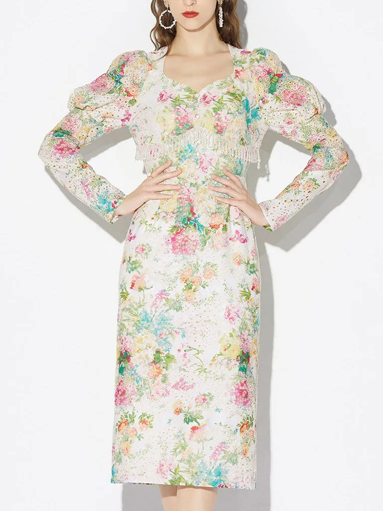White 1960S Vintage Floral Printed Pearl Puff Sleeve Bodycon Dress