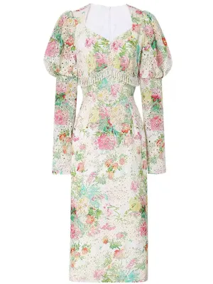 White 1960S Vintage Floral Printed Pearl Puff Sleeve Bodycon Dress