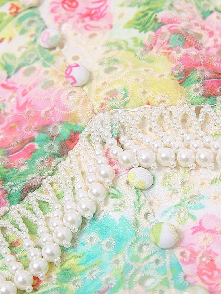 White 1960S Vintage Floral Printed Pearl Puff Sleeve Bodycon Dress