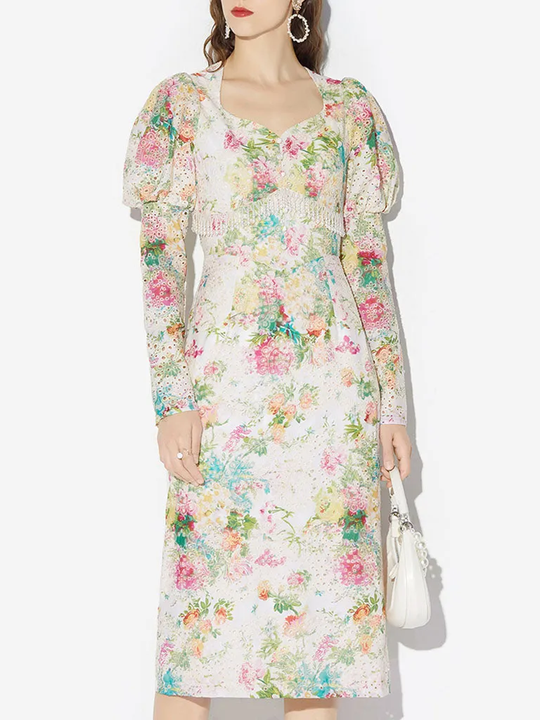 White 1960S Vintage Floral Printed Pearl Puff Sleeve Bodycon Dress