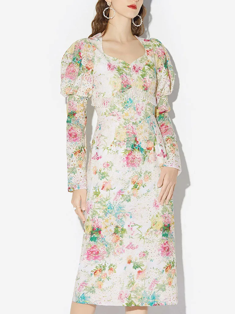 White 1960S Vintage Floral Printed Pearl Puff Sleeve Bodycon Dress