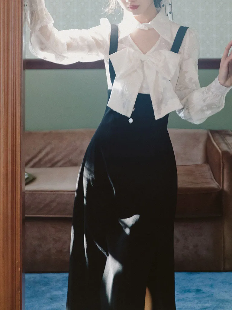 White Big Bowknot Flower Flocking Top With Black Strap Dress Set
