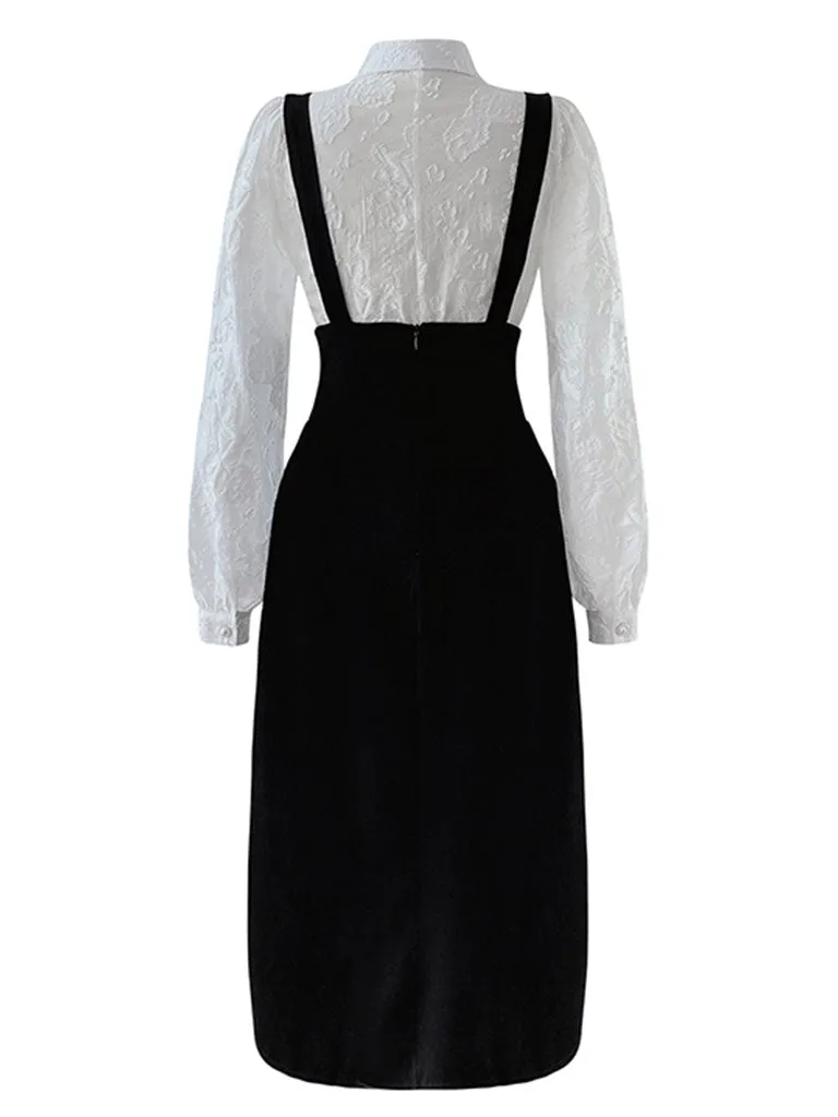 White Big Bowknot Flower Flocking Top With Black Strap Dress Set
