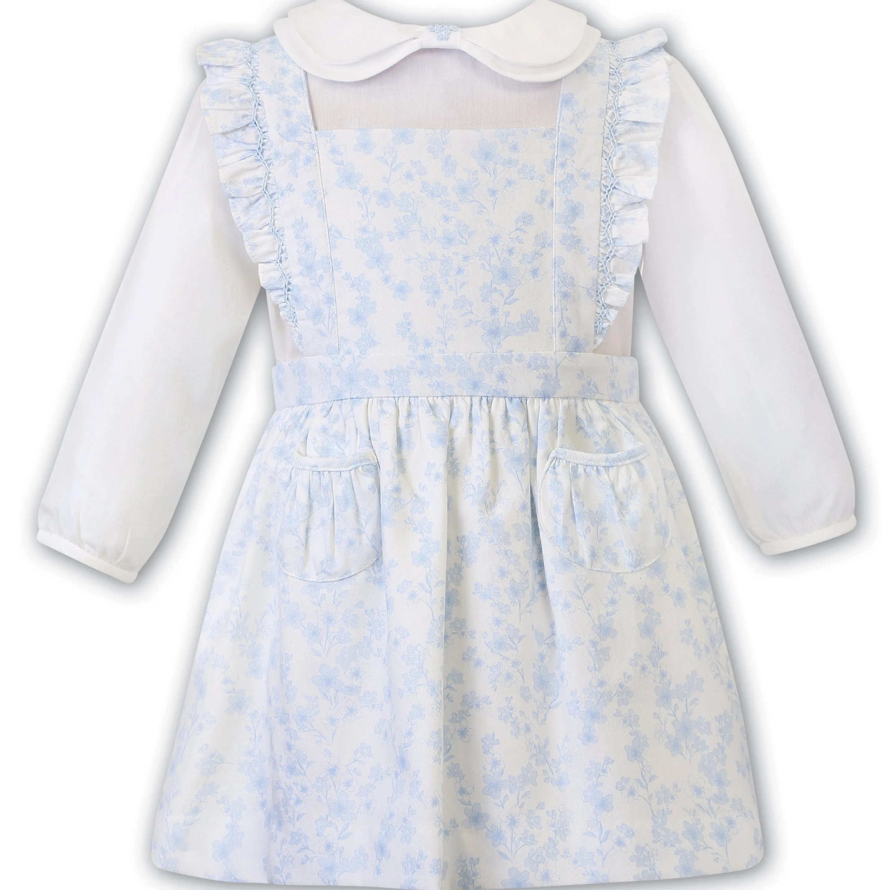 White Blue Pretty Floral Pinafore Dress Set